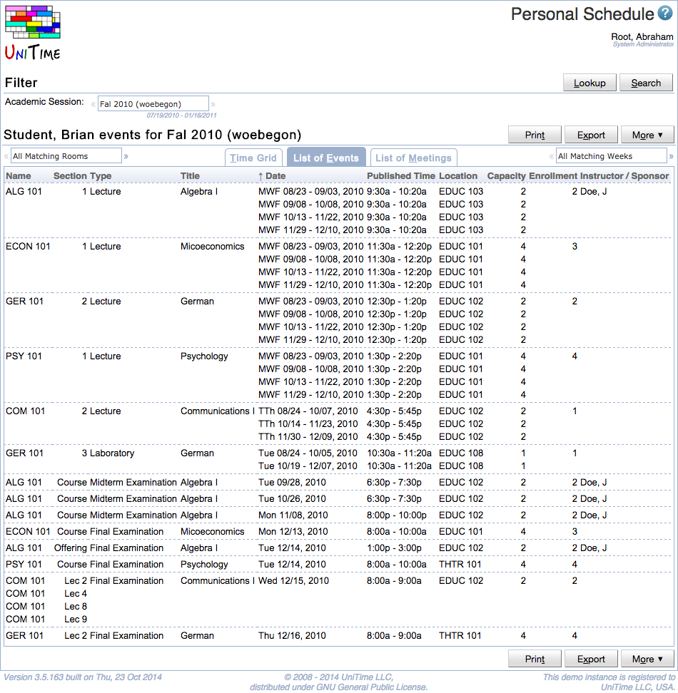 Personal Examination Schedule