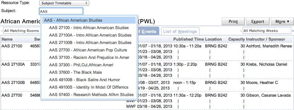Subject Timetable