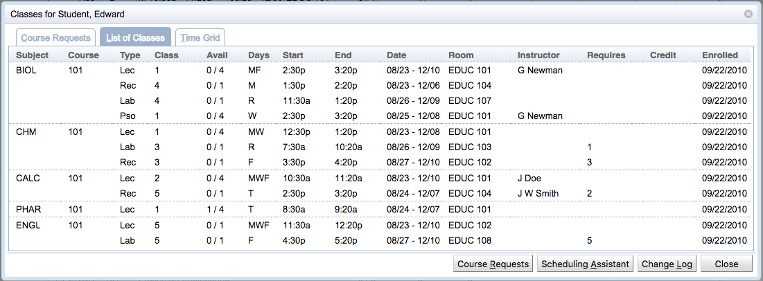 Classes for Student