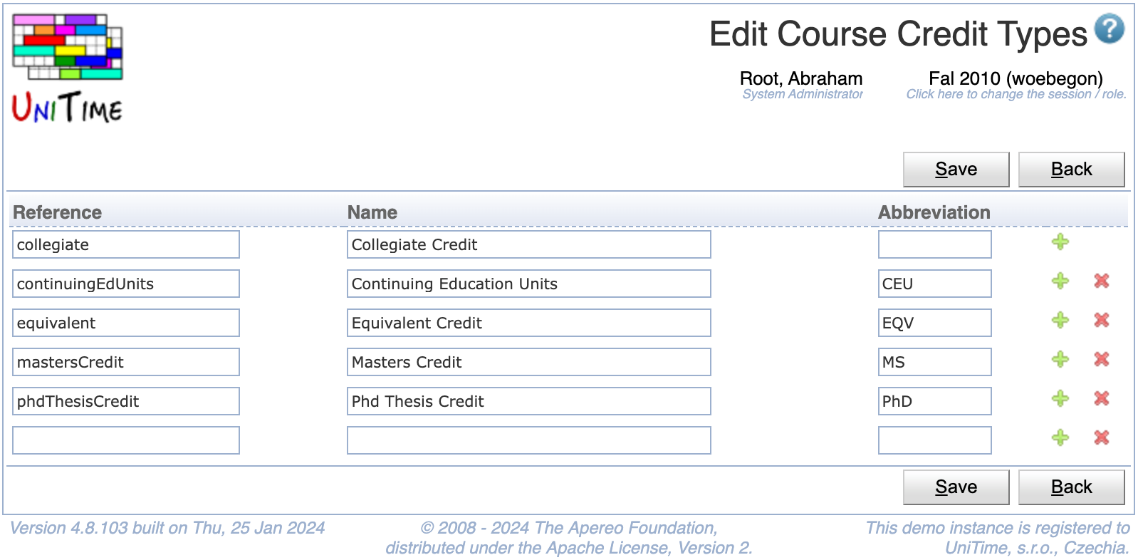 Edit Course Credit Types