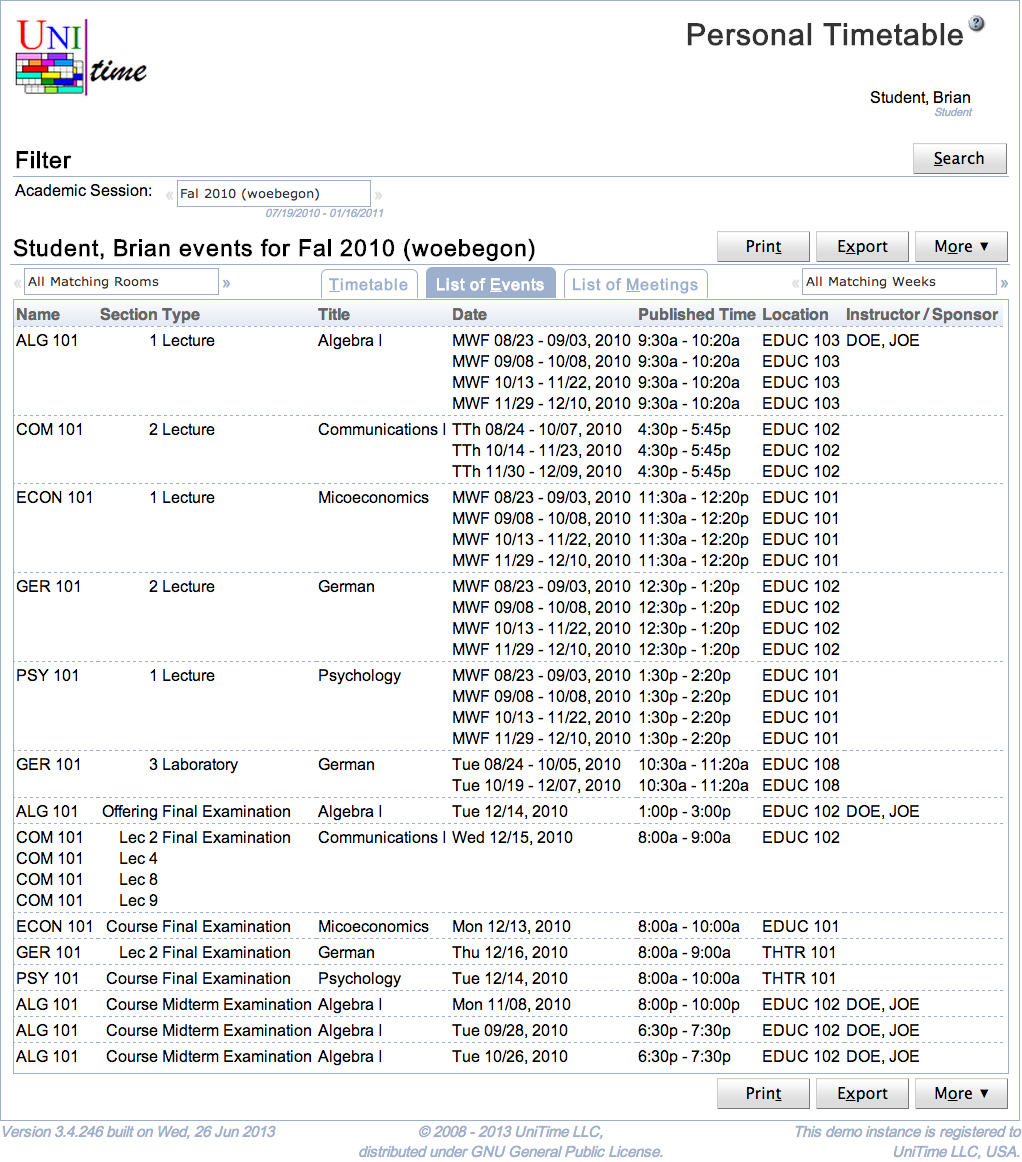 Personal Timetable